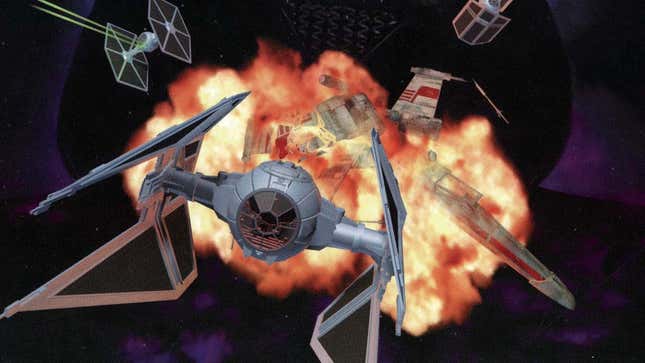 A TIE fighter escapes a large explosion after blowing up a ship in space. 
