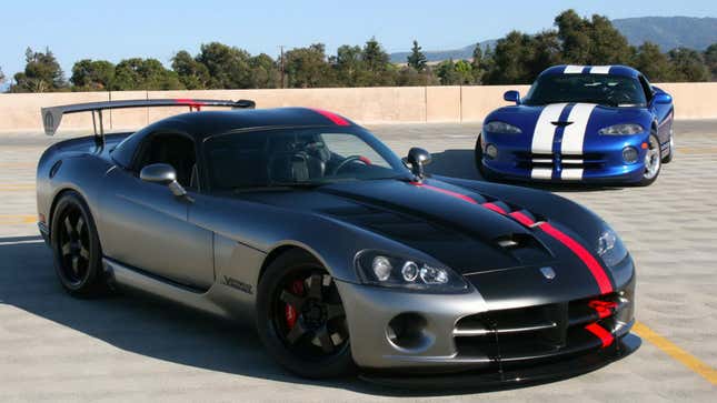 A photo of two Dodge Viper sports cars. 