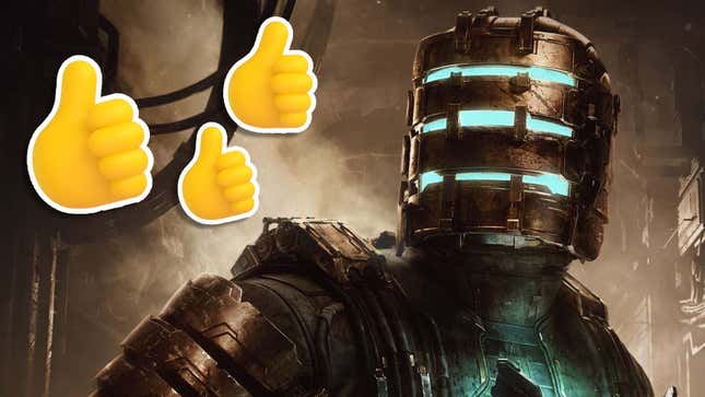 Issac Clarke from Dead Space looks at a group of thumbs up emojis floating near his head.