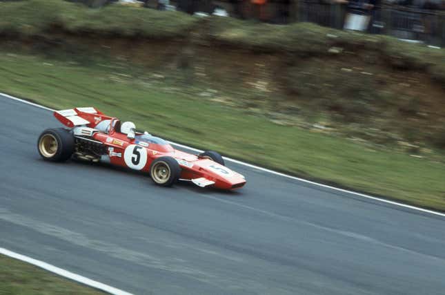 Swiss racing driver Clay Regazzoni in his Ferrari 312 during the Daily Mail Race of Champions at the Brands Hatch circuit, 21st March 1971. Regazzoni won the race.