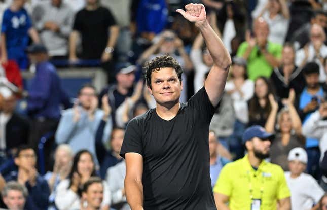 Aug 7, 2023; Toronto, Ontario, Canada;  Milos Raonic (CAN) salutes fans after defeating Frances Tiafoe (USA)  (not pictured) in first round play at Sobeys Stadium.
