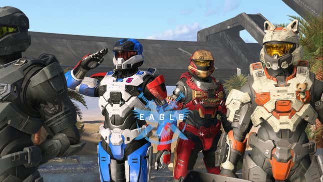 A team of Halo Infinite Spartans pose for the camera after a win, including a player sporting Cat Ears and a teddy bear on their armor.