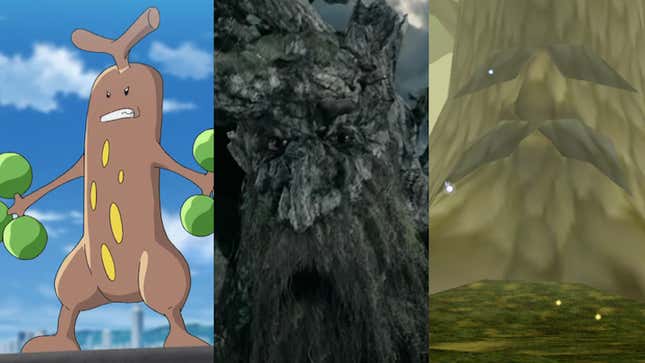 Left to right: Fictional tree creatures Suduwoodo, Treebeard, and the Great Deku Tree from Ocarina of Time appear in three images photoshopped together.