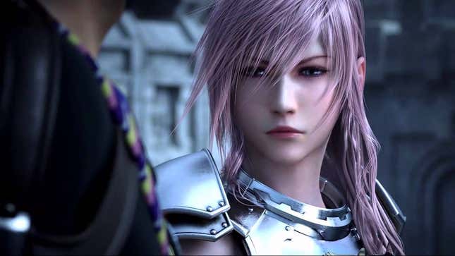 FFXIII-2's Lightning looks at a companion while wearing shiny armor. 