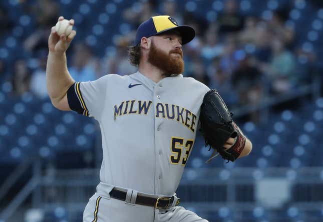 Sep 5, 2023; Pittsburgh, Pennsylvania, USA; Milwaukee Brewers starting pitcher Brandon Woodruff (53) delivers a pitch against the Pittsburgh Pirates during the first inning at PNC Park.