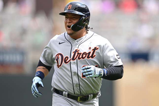 Jun 18, 2023; Minneapolis, Minnesota, USA; Detroit Tigers designated hitter Miguel Cabrera (24) reacts after an RBI sacrifice fly during the fifth inning against the Minnesota Twins at Target Field.