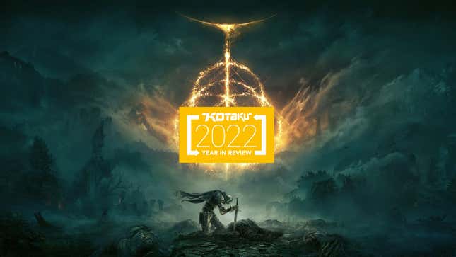 A promotional image for Elden Ring shows a figure kneeling by a sword against a tumultuous sky. A golden label reading Kotaku 2022 Year In Review hovers above.