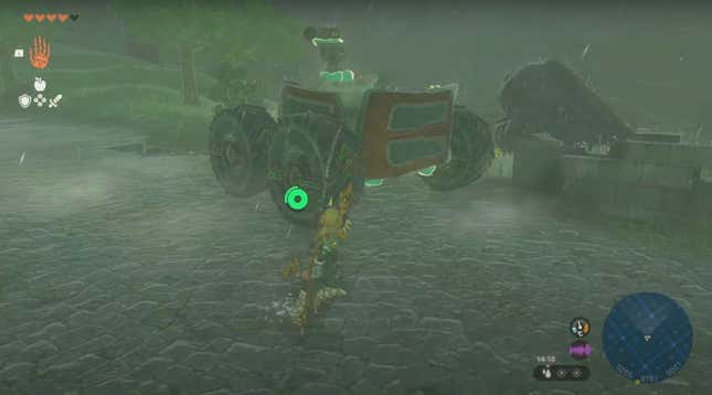 A screenshot from Zelda: Tears of the Kingdom shows the construction of a large, tank-like vehicle.