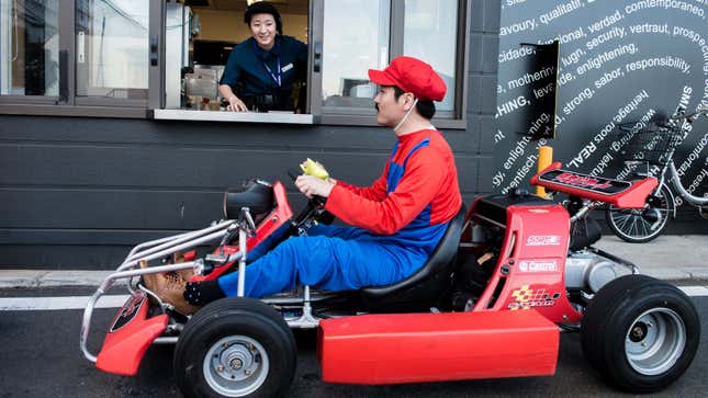 A photo of Mario visiting a drive-thru