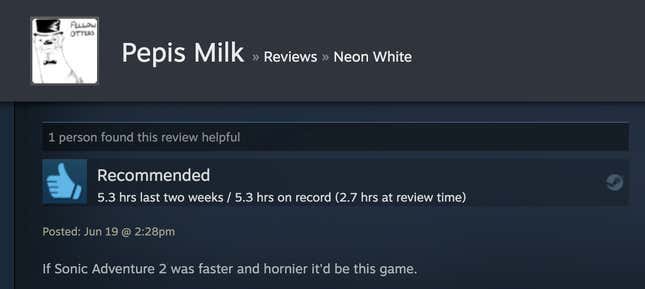 Image for article titled Neon White’s Steam Reviews Are Horny As Hell