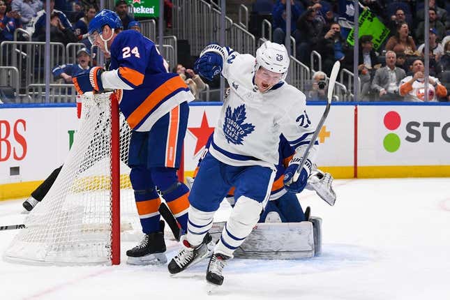 Mar 21, 2023; Elmont, New York, USA; Toronto Maple Leafs center Sam Lafferty (28) celebrates his goal against New York Islanders during the first period at UBS Arena.