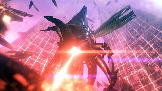 A screenshot from Mass Effect: Legendary Edition depicting a spaceship (possibly the SSV Normandy) blasting off into space.