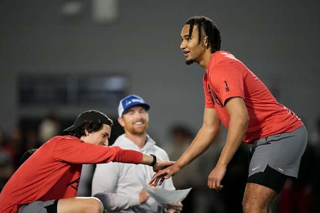 Ohio State Buckeyes quarterback C.J. Stroud works out for NFL scouts during Ohio State football   s pro day at the Woody Hayes Athletic Center in Columbus on March 22, 2023.

Football Ceb Osufb Pro Day