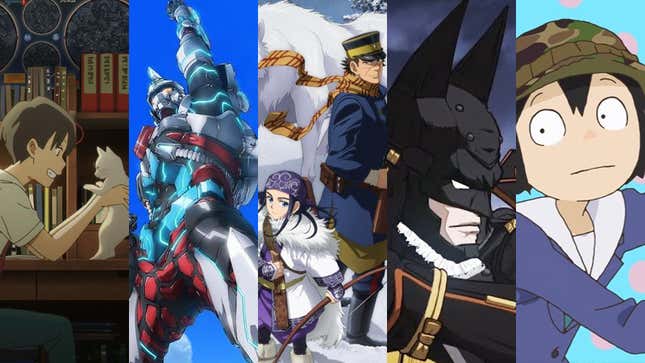 Side by side images of scenes from anime: A Whisker Away, SSSS. Gridman, Golden Kamuy, Batman Ninja, and Keep Your Hands Off Eizouken!