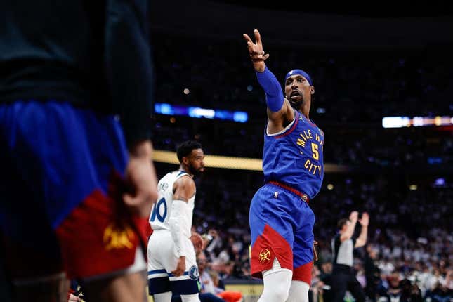 Apr 16, 2023; Denver, Colorado, USA; Denver Nuggets guard Kentavious Caldwell-Pope (5) gestures after a play in the second quarter against the Minnesota Timberwolves during game one of the 2023 NBA Playoffs at Ball Arena.