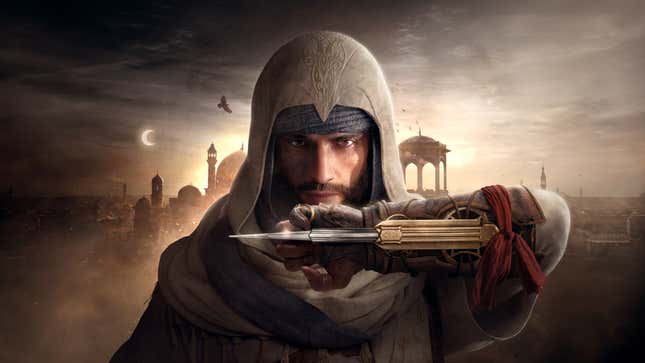 Basim is seen with his blade drawn in front of a city skyline.