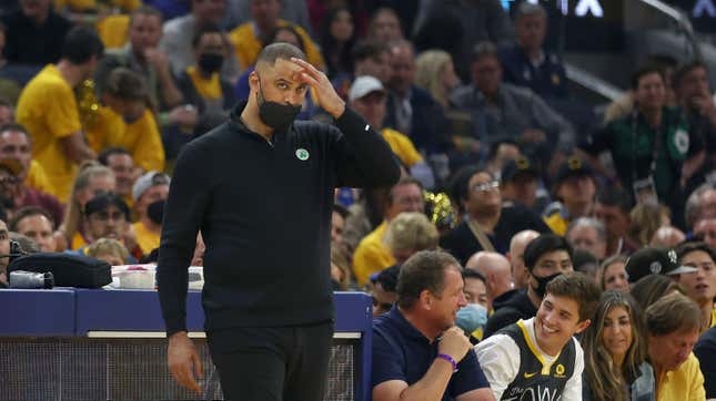 Boston Celtics head coach Ime Udoka reacts on the sideline during the first half of Game 1 of basketball’s NBA Finals against the Golden State Warriors in San Francisco.