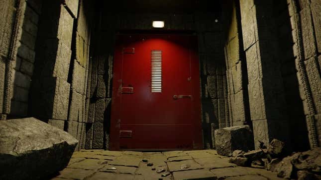 A large red door at the end of a stone hallway from Call of Duty's new fast-travel system. 