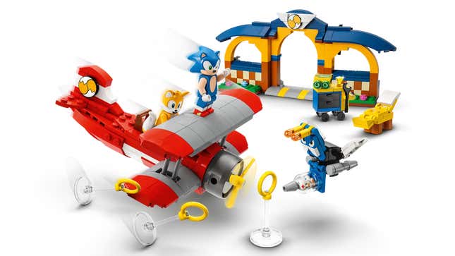 A product shot shows Tails’ Workshop and Tornado Plane Lego set.