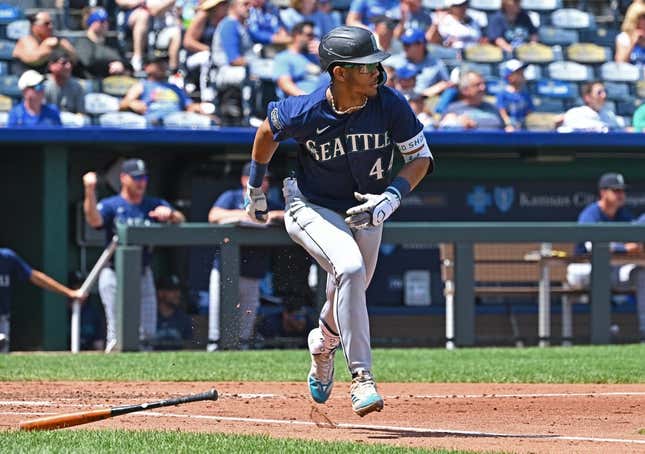 Aug 17, 2023; Kansas City, Missouri, USA;  Seattle Mariners center fielder Julio Rodriguez (44) runs to first base after hitting an RBI single in the second inning against the Kansas City Royals at Kauffman Stadium.