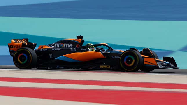 A photo of the 2023 McLaren F1 car on track. 