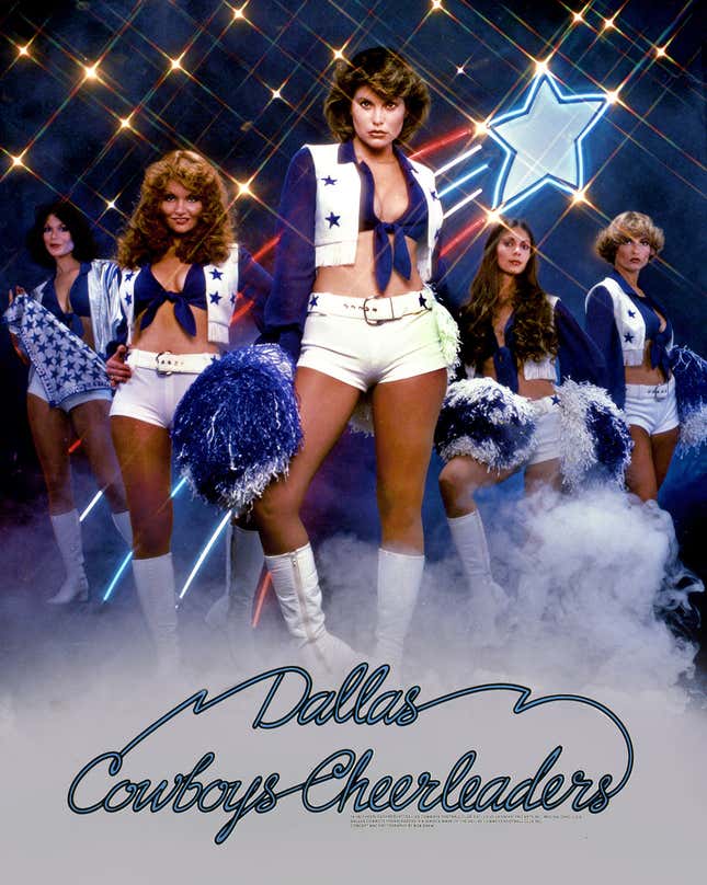 The famous 1977 Bob Shaw poster that sold around a million copies. That’s Suzy Holub in the center. According to court documents, the women were paid $150 each. (The woman on the far left, Kris Murillo, never cheered a game. A DCC mystery.)