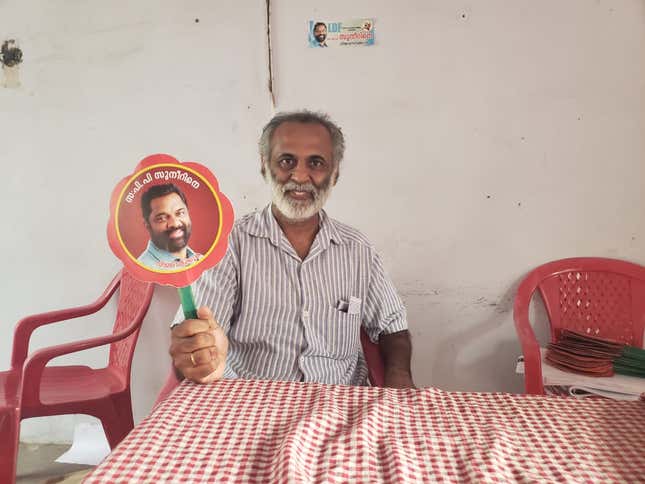 Sachi, a longtime communist party member and campaigner in the LDF office in Kalpetta.
