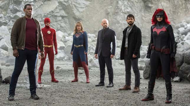 The CW's Martian Manhunter, The Flash, Supergirl, Lex Luthor, Ryan Choi, and Batwoman, in Crisis on Infinite Earths.