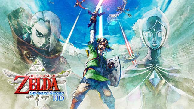 The Legend of Zelda: Skyward Sword HD artwork with Link raising his sword between background images of Ghirahim and Fi.