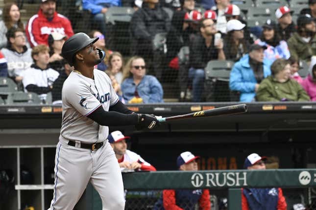 Jun 11, 2023; Chicago, Illinois, USA;  Miami Marlins designated hitter Jorge Soler (12) hits a home run against the Chicago White Sox during the fifth inning at Guaranteed Rate Field.