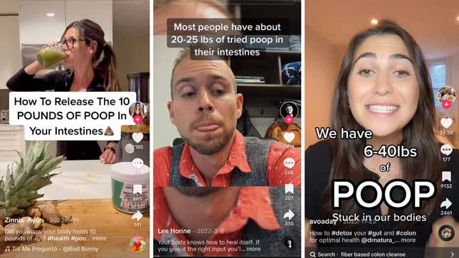 TikTok screenshots claiming we have "10 POUNDS OF POOP in your intestines", "20-25 lbs of dried poop in their intestines", and "we have 6-40 pounds of POOP stuck in our bodies."