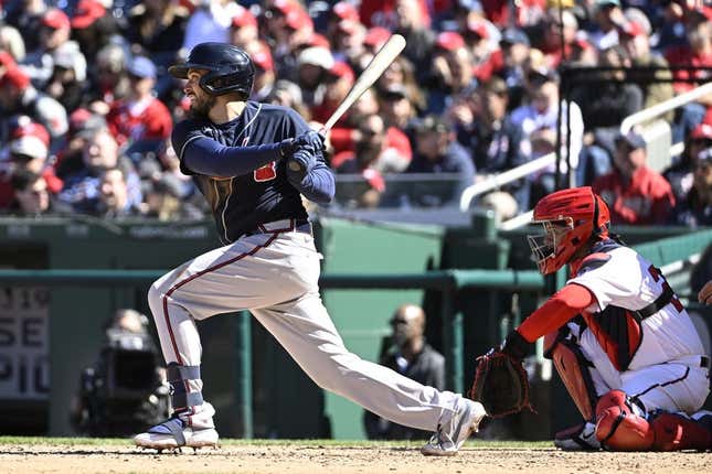 Mar 30, 2023; Washington, District of Columbia, USA; Atlanta Braves catcher Travis d&#39;Arnaud (16) singles against the Washington Nationals during the sixth inning at Nationals Park.