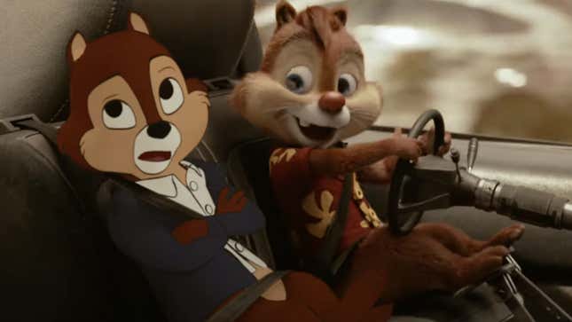 A CG Dale the chipmunk smiles at a groaning Chip the chipmunk as they drive a real toy car.