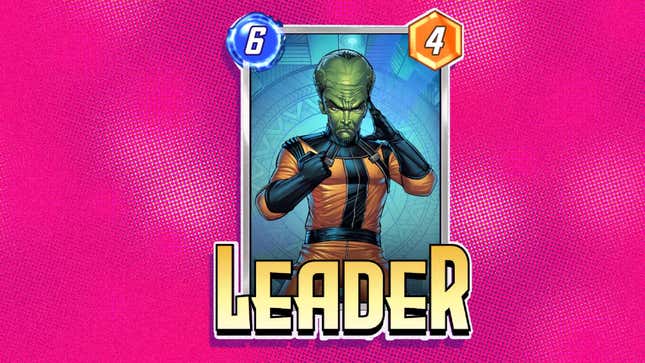 An image shows the Leader card floating in front of a pink background. 