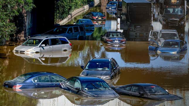 Vehicles stranded in floodwater in the Bronx, NY, in the aftermath of Hurricane Ida, Sept. 2, 2021.
