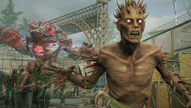 A brown zombie covered in spikes runs ahead of a large pack of undead monsters. 