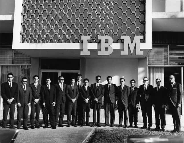The IBM logo on the façade of an office building, 1968.