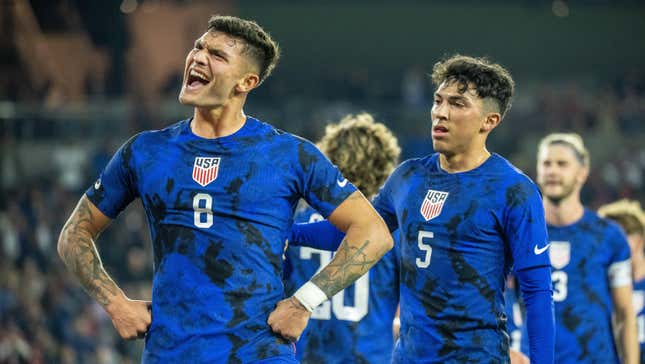 Brandon Vazquez celebrates his goal during an international friendly match between the U.S. and Serbia at BMO Stadium on Jan. 25, 2023, in Los Angeles