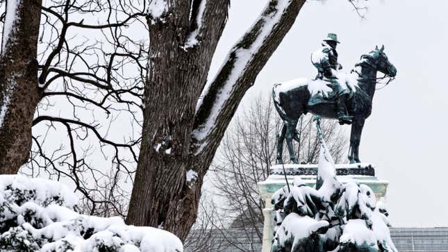 The memorial to Gen. Ulysses S. Grant, commander of Union forces during the Civil War, is blanketed with snow, on Capitol Hill in Washington.
