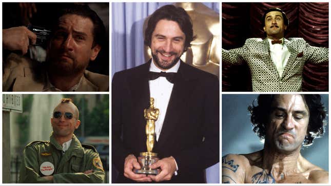 Clockwise from top left: The Deer Hunter (Universal), De Niro after receiving the Best Actor Oscar for Raging Bull (ABC Photo Archives/Getty), The King Of Comedy (20th Century), Cape Fear (Universal), Taxi Driver (Columbia Pictures)
