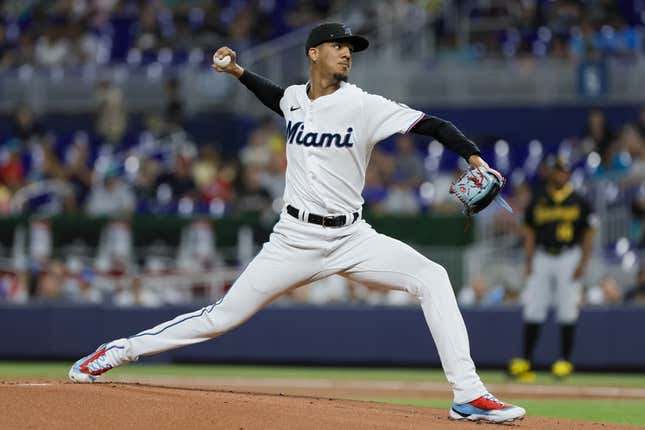 Jun 25, 2023; Miami, Florida, USA; Miami Marlins starting pitcher Eury Perez (39) delivers a pitch against the Pittsburgh Pirates during the first inning at loanDepot Park.