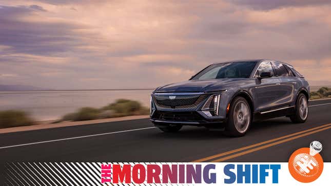 A photo of an electric Cadillac SUV with the Morning Shift banner beneath it. 