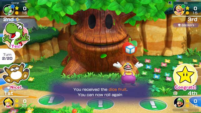 A giant tree looks at Wario as he is awarded the dice fruit in Mario Party Superstars.