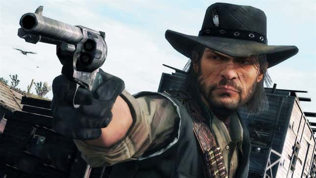 The protagonist of Red Dead Redemption aims a revolver. 