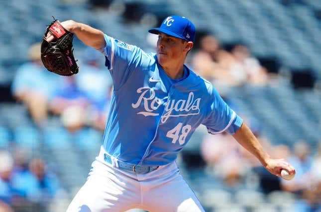 May 7, 2023; Kansas City, Missouri, USA; Kansas City Royals relief pitcher Ryan Yarbrough (48) pitches during the first inning against the Oakland Athletics at Kauffman Stadium.