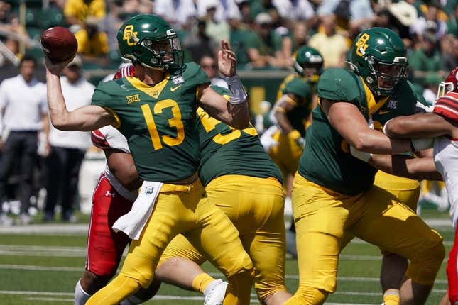 Sep 9, 2023; Waco, Texas, USA; Baylor Bears quarterback Sawyer Robertson (13) throws downfield against the Utah Utes during the first half at McLane Stadium.