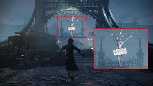 Lies of P's protagonist walks toward a bridge, passing a strung-up puppet with an 'APAB' sign on its chest.