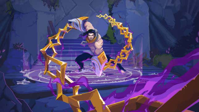 Sylas whips magical chains around himself while standing over a magical symbol.