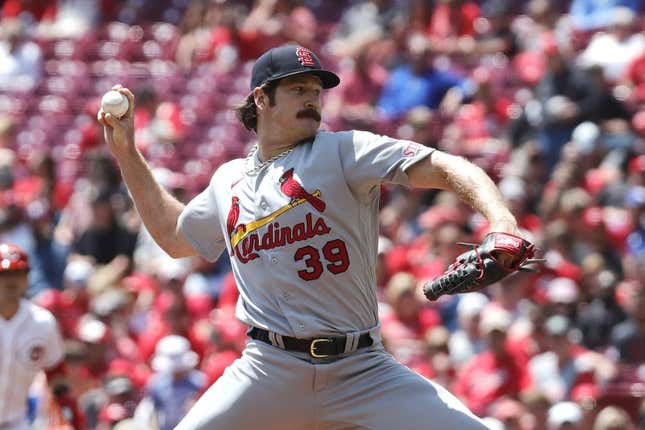 May 25, 2023; Cincinnati, Ohio, USA; St. Louis Cardinals starting pitcher Miles Mikolas (39) throws against the Cincinnati Reds during the first inning at Great American Ball Park.