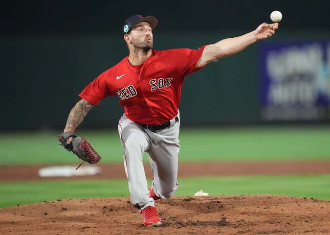 Feb 28, 2023; Jupiter, Florida, USA; Boston Red Sox pitcher Ryan Sherriff (71) pitches against the Miami Marlins in the fourth inning at Roger Dean Stadium.
